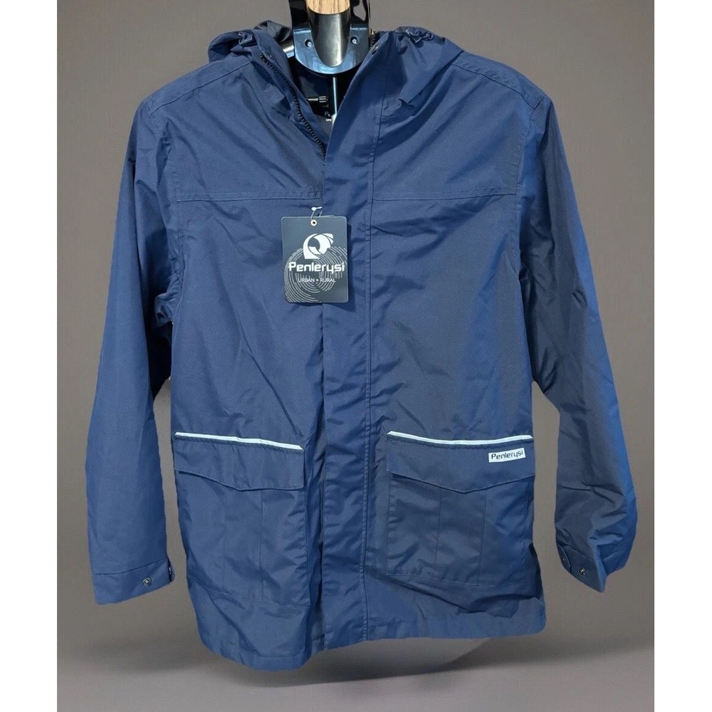 Men's L Blue Windbreaker Water/Wind Proof Hood, Pockets, Zip, Hook & Loop